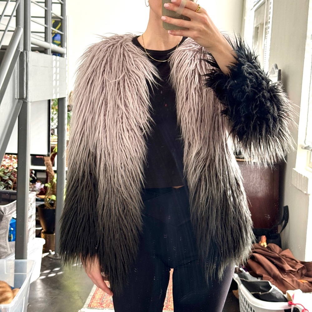 Shaggy Black and Gray Ombré Faux Fur Jacket